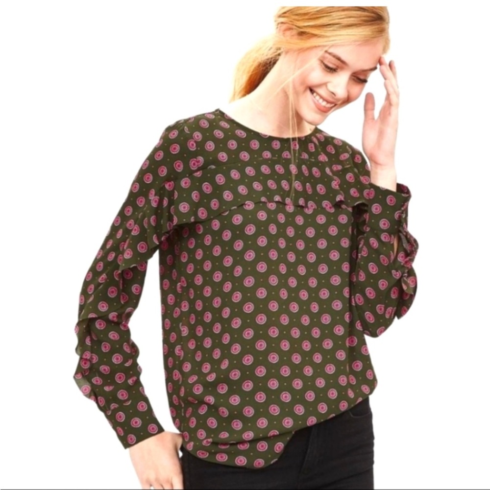 Banana Republic Olive Green Blouse with Pink Dot Print